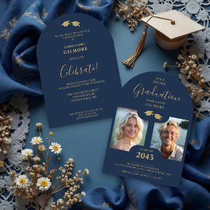 Chic 2-Photo Twins Graduation Fake Golden Blue Invitation