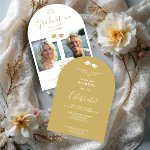 Chic 2-Photo Twins Graduation Faux Golden White Invitation