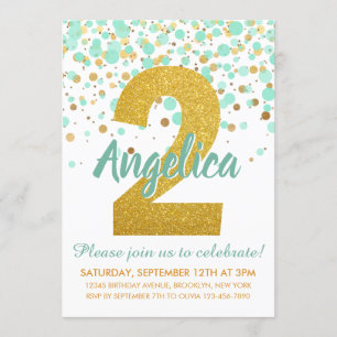 Chic 2nd Birthday Mint Green Gold Glitter Confetti Invitation