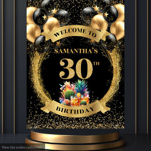 Chic 30th Birthday Whiskey Black Gold Party Banner Tapestry