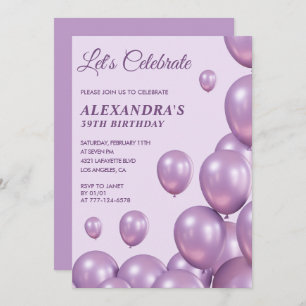 Chic 39th birthday invitations Balloons  Purple