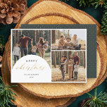 Chic 3 Photo Collage Arch Merry Christmas Photo  Holiday Card<br><div class="desc">Make memories unforgettable with our Holiday Photo Card. Presenting a delightful 3-photo collage with an arch overlay on the left, embellished with "Merry Christmas" in faux gold foil script calligraphy. Personalise it with your family name and year in a sleek, minimalist font. Flip it over to reveal a rich green...</div>