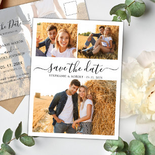 Chic 3 Photo Collage Wedding Budget Save The Date Announcement Postcard