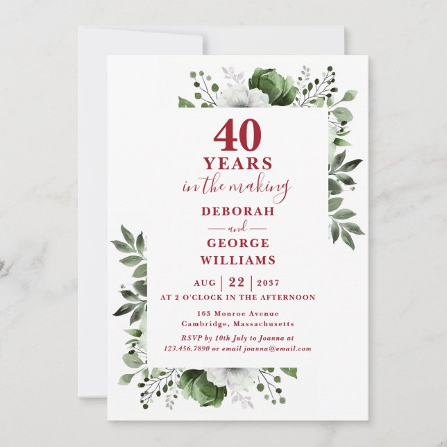 Chic 40th Wedding Anniversary Monogram Floral  Invitation (Front)