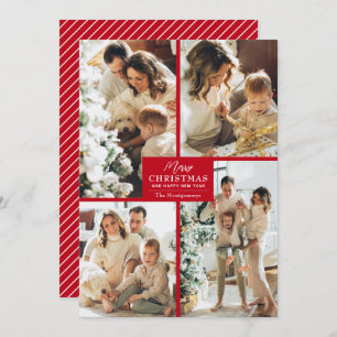 Chic 4 Photo Collage Red Merry Christmas Holiday Card