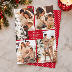Chic 4 Photo Collage Red Merry Christmas Holiday Card