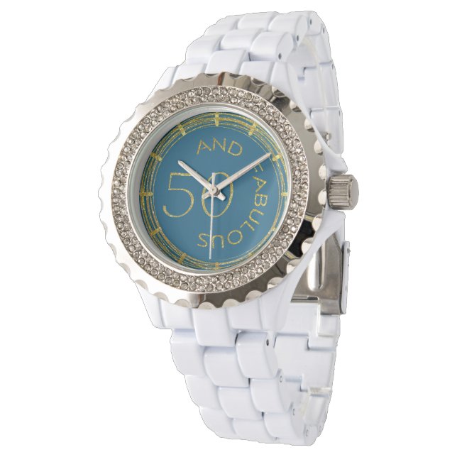 Chic 50 and Fabulous Blue Gold Glittery 50th Watch (Angled)