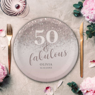 Chic 50 & Fabulous Glitter Rose Gold Birthday  Paper Plate