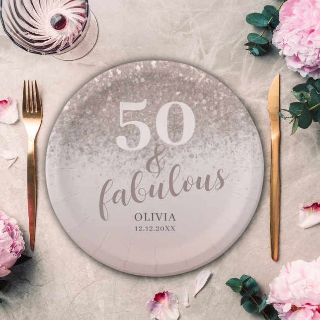 Chic 50 & Fabulous Glitter Rose Gold Birthday  Paper Plate (Creator Uploaded)