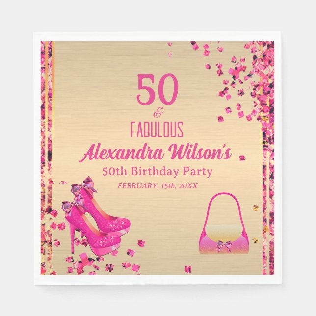 Chic 50& Fabulous High Heels Gold Hot Pink Glitter Napkin (Front)