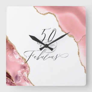 Chic 50 Fabulous Rose Gold Glitter Typography Square Wall Clock