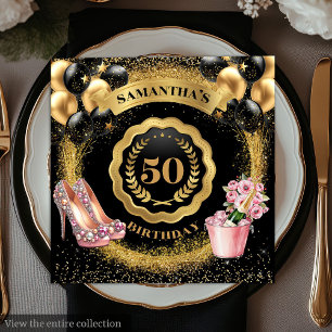 Chic 50th Birthday Black Balloons Gold Glitter Napkin