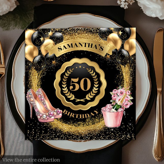 Chic 50th Birthday Black Balloons Gold Glitter Napkin (Chic 50th Birthday Black Balloons Gold Glitter Napkins)
