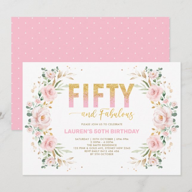 Chic 50th Birthday Blush Pink Gold Floral Birthday Invitation (Front/Back)