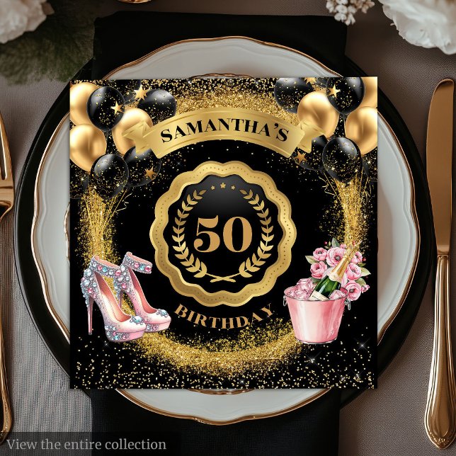 Chic 50th Birthday Napkins Black Balloons Gold  (Glamorous Gold Balloons Napkins with Blush High Heels

)