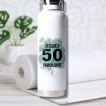 Chic 50th Birthday Water Bottle<br><div class="desc">A blend of cute script and modern boldness with this simple "50 And Fabulous" design! Featuring a classic black and white colouring with a splash of colour from the teal blue (or turquoise) watercolor background. Customise to the name, and if you need to, you can also change the 'and' and...</div>