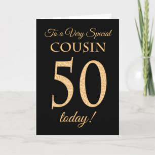 Chic 50th Gold-effect on Black, Cousin Birthday Card