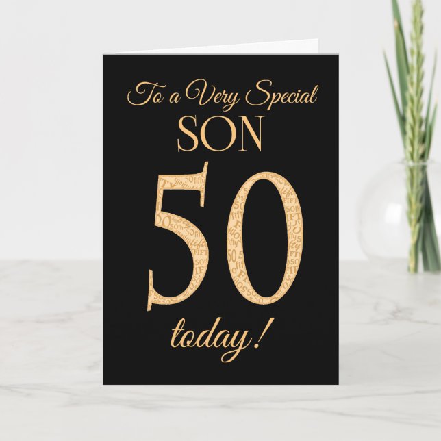 Chic 50th Gold-effect on Black, for Son Birthday Card (Front)