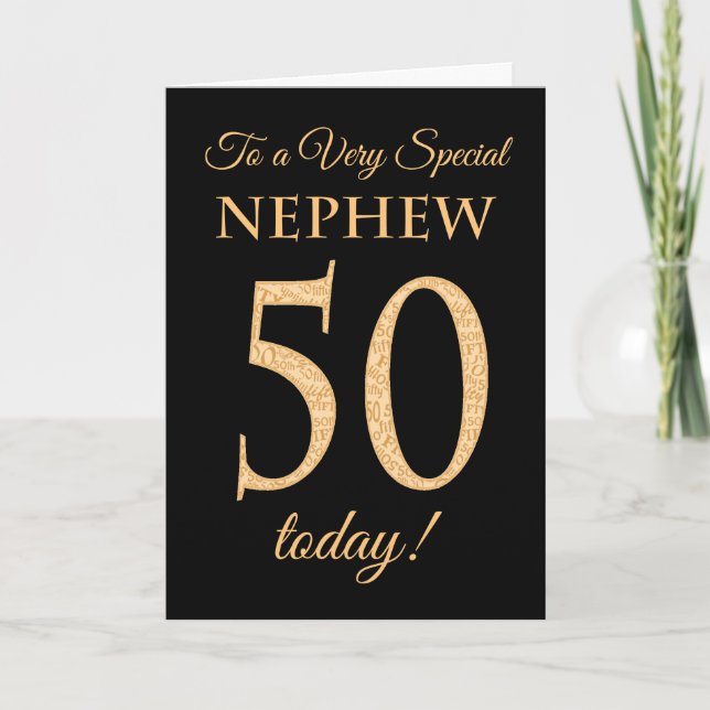 Chic 50th Gold-effect on Black, Nephew Birthday Card (Front)