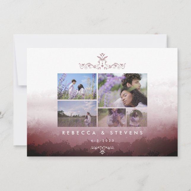 Chic 5 Photos Burgundy Watercolor Abstract Wedding Invitation (Front)