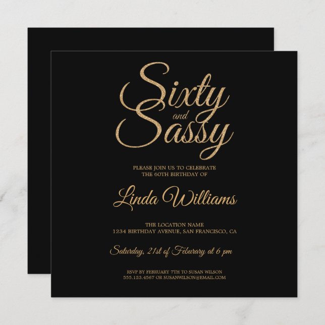 Chic 60 and Sassy Black Gold 60th Birthday Party Invitation (Front/Back)