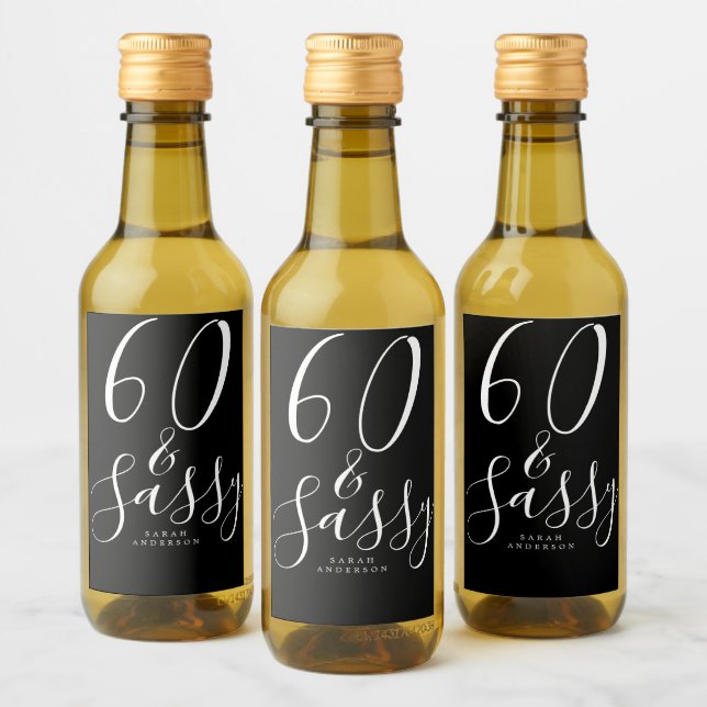Chic 60 Sassy Black White Name 60th Birthday Gift Wine Label (Bottles)