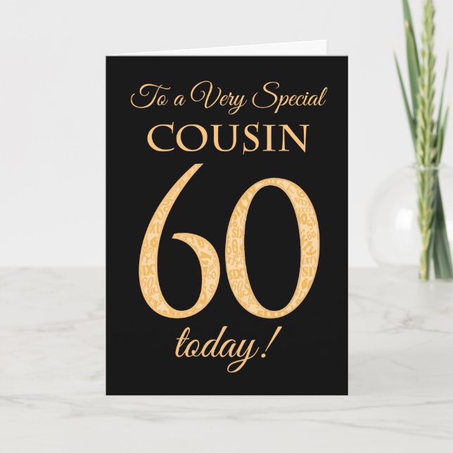 Chic 60th Gold-effect on Black, Cousin Birthday Card (Front)