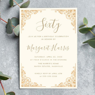 Chic 60th Sixty Gold Frame Cream Birthday Invitation