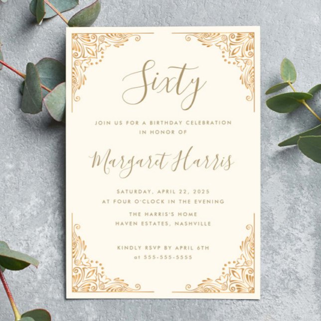 Chic 60th Sixty Gold Frame Cream Birthday Invitation (Creator Uploaded)