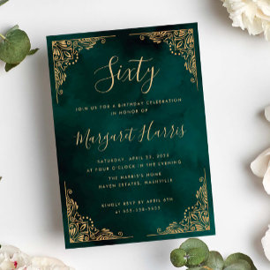 Chic 60th Sixty Gold Frame Green Birthday Invitation