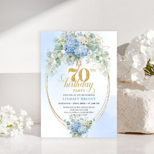 Chic 70th Birthday Blue Floral Eucalyptus Invites