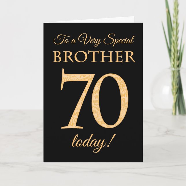 Chic 70th Gold-effect on Black, Brother Birthday Card (Front)
