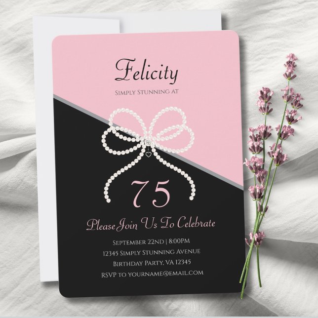 Chic 75th Gala Simply Stunning Pink and Black Invitation (Invite guests to a Chic 75th Gala with this elegant pink & black pearl bow invitation.)