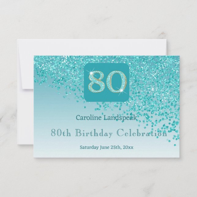Chic 80 Birthday Teal Blue Glitter RSVP Card (Front)