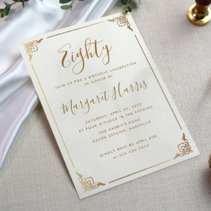 Chic 80th Eighty Gold Frame Calligraphy Birthday Invitation