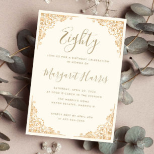 Chic 80th Eighty Gold Frame Cream Birthday Invitation