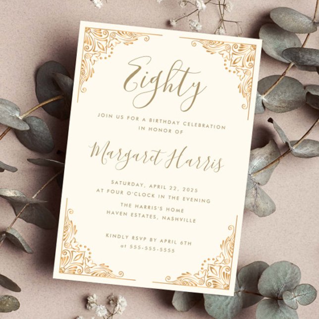 Chic 80th Eighty Gold Frame Cream Birthday Invitation (Creator Uploaded)