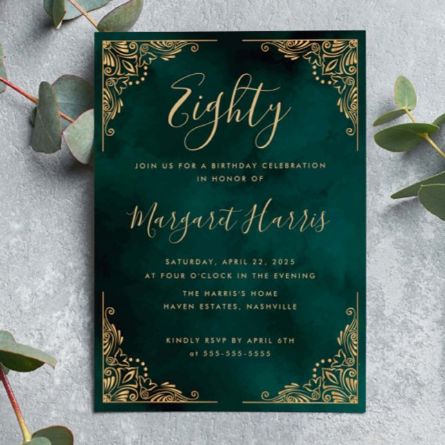 Chic 80th Eighty Gold Frame Green Birthday Invitation (Creator Uploaded)