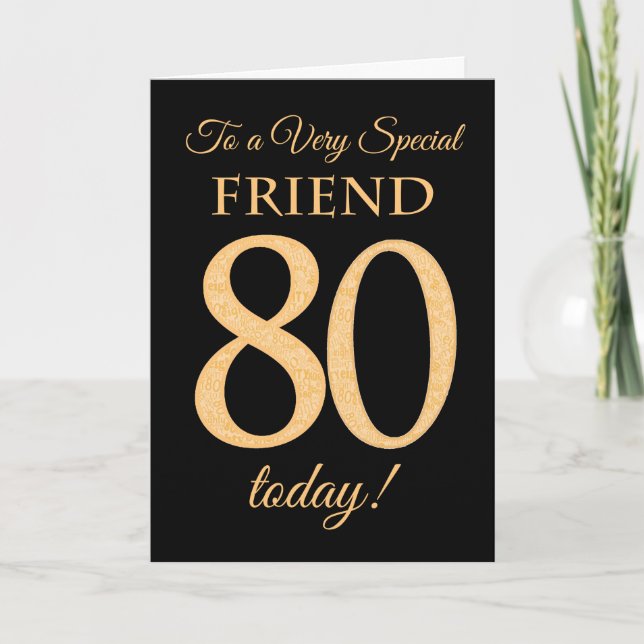 Chic 80th Gold-effect on Black, Friend Birthday Card (Front)