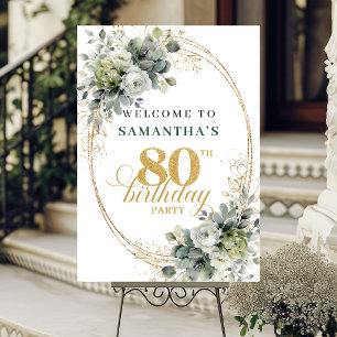 Chic 80th Greenery and Gold Welcome Sign