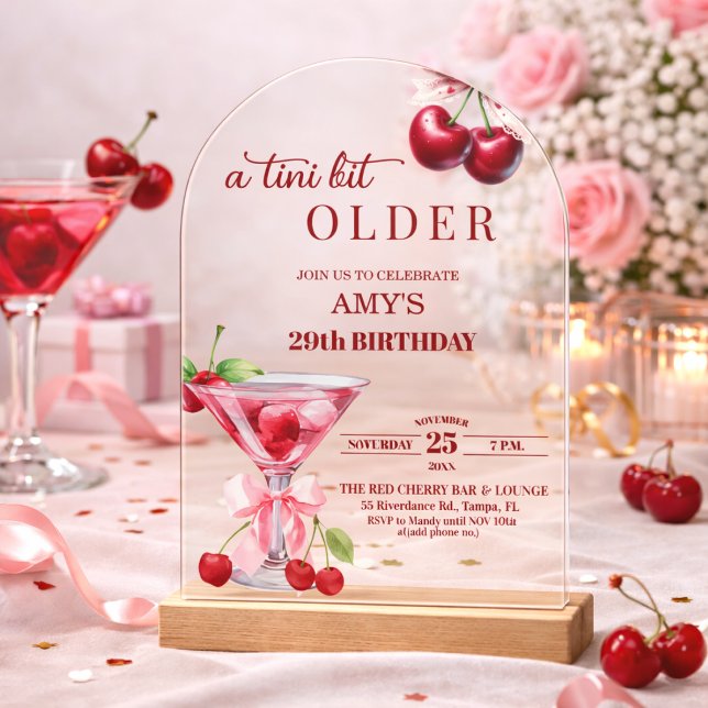 Chic A Tini Bit Older Cherry Martini 29th Birthday Acrylic Invitations (Creator Uploaded)
