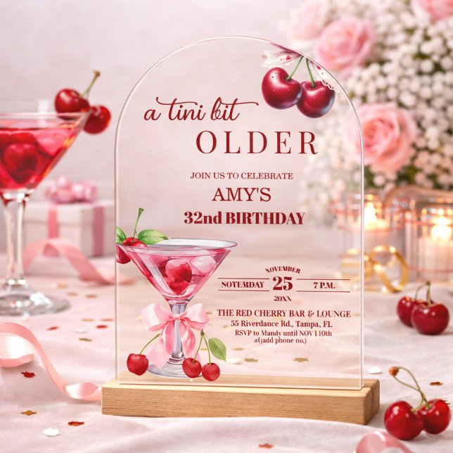 Chic A Tini Bit Older Cherry Martini 32nd Birthday Acrylic Invitations (Creator Uploaded)