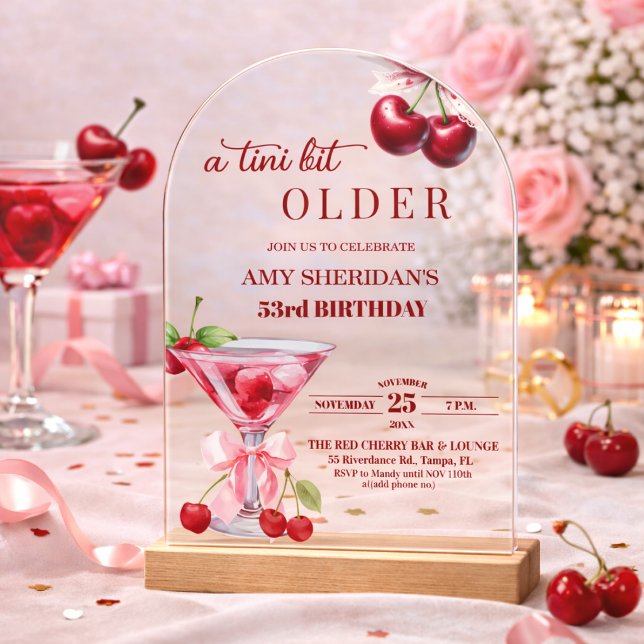 Chic A Tini Bit Older Cherry Martini 53rd Birthday Acrylic Invitations (Creator Uploaded)