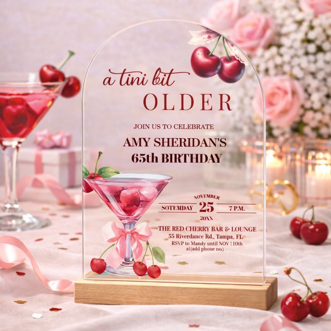 Chic A Tini Bit Older Cherry Martini 65th Birthday Acrylic Invitations (Creator Uploaded)