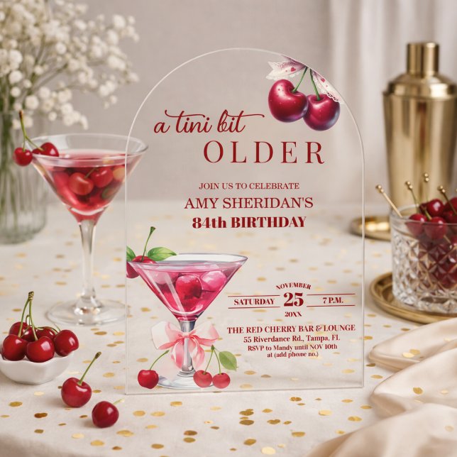 Chic A Tini Bit Older Cherry Martini 84th Birthday Acrylic Invitations (Creator Uploaded)