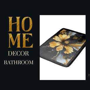 chic abstract black gold floral bath mat