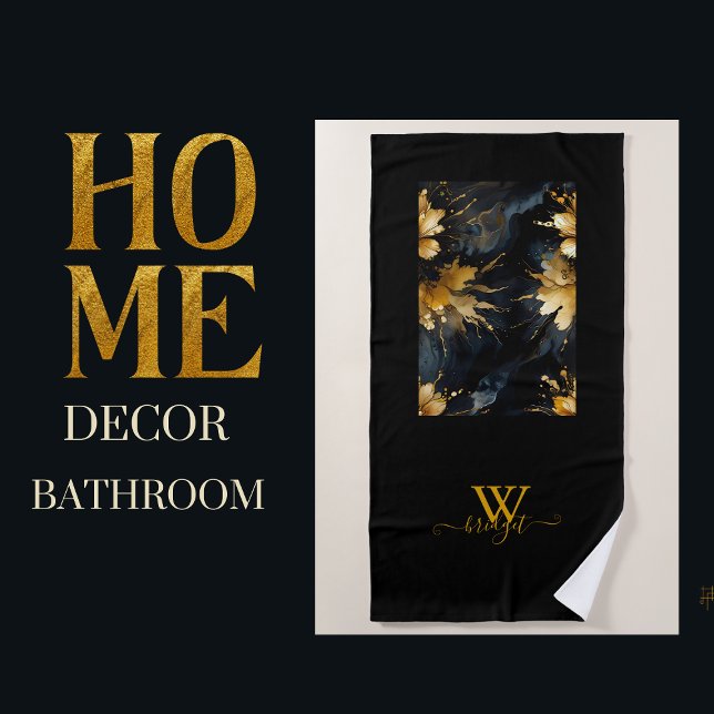 chic abstract black gold floral beach towel (Creator Uploaded)