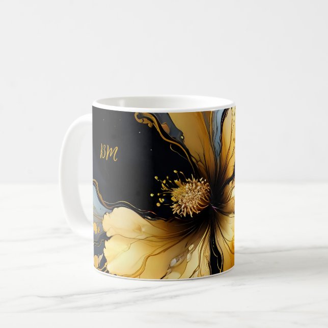 chic abstract black gold floral coffee mug (Front Left)