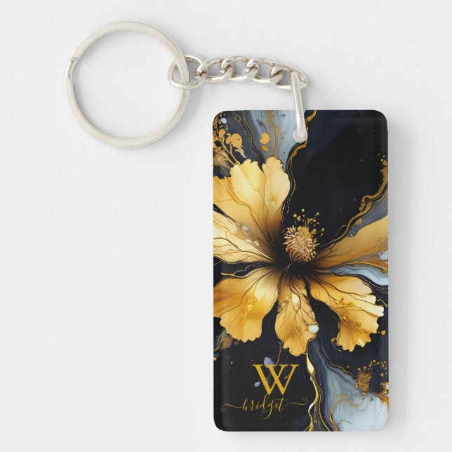chic abstract black gold floral key ring (Front)