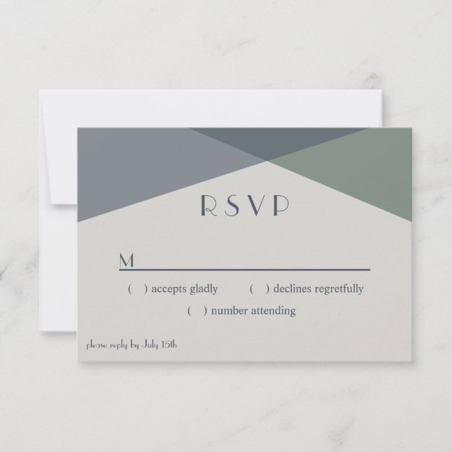 Chic Abstract Geometric Sage Navy Dusty Blue RSVP Card (Front)